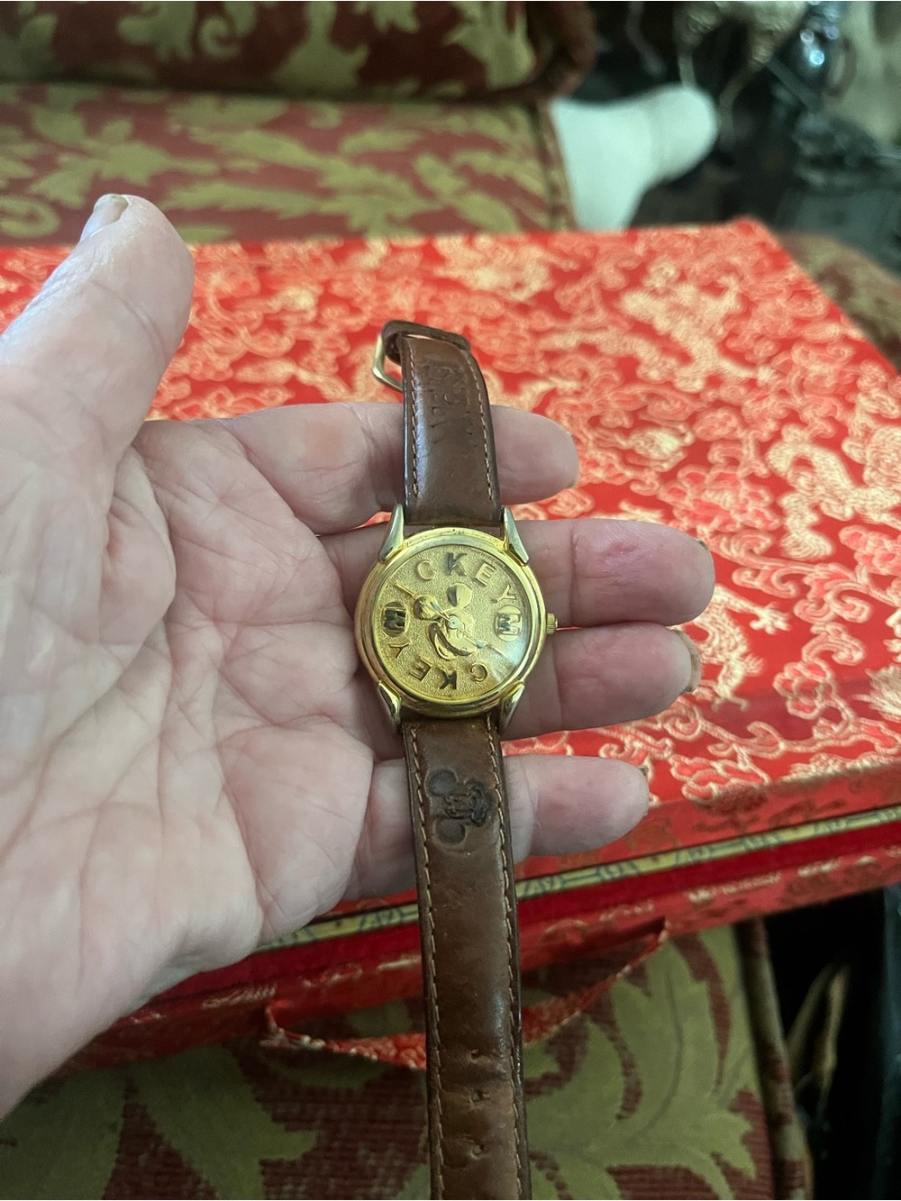 Disney Mickey Mouse Gold Dial Watch with Brown Leather Strap